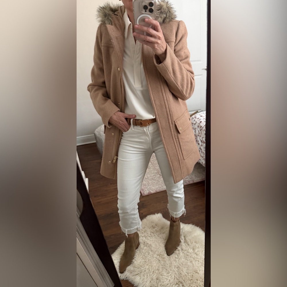 NWT J. Crew Women's Tan/Camel Coat/Parka with Faux Fur Trim in size 4